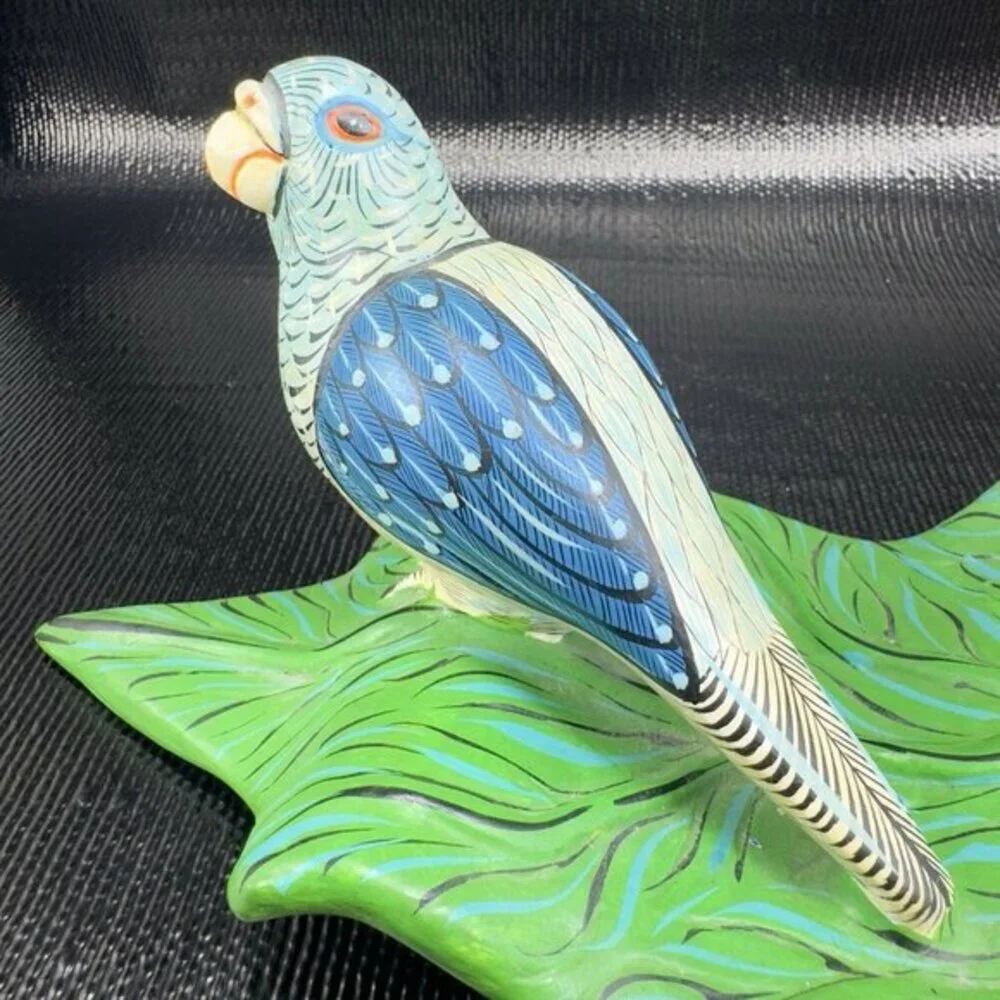 Hand Made Mexican Pottery Parrot Bird On Leaf Tree Sculpture Artist Signed‎ VTG